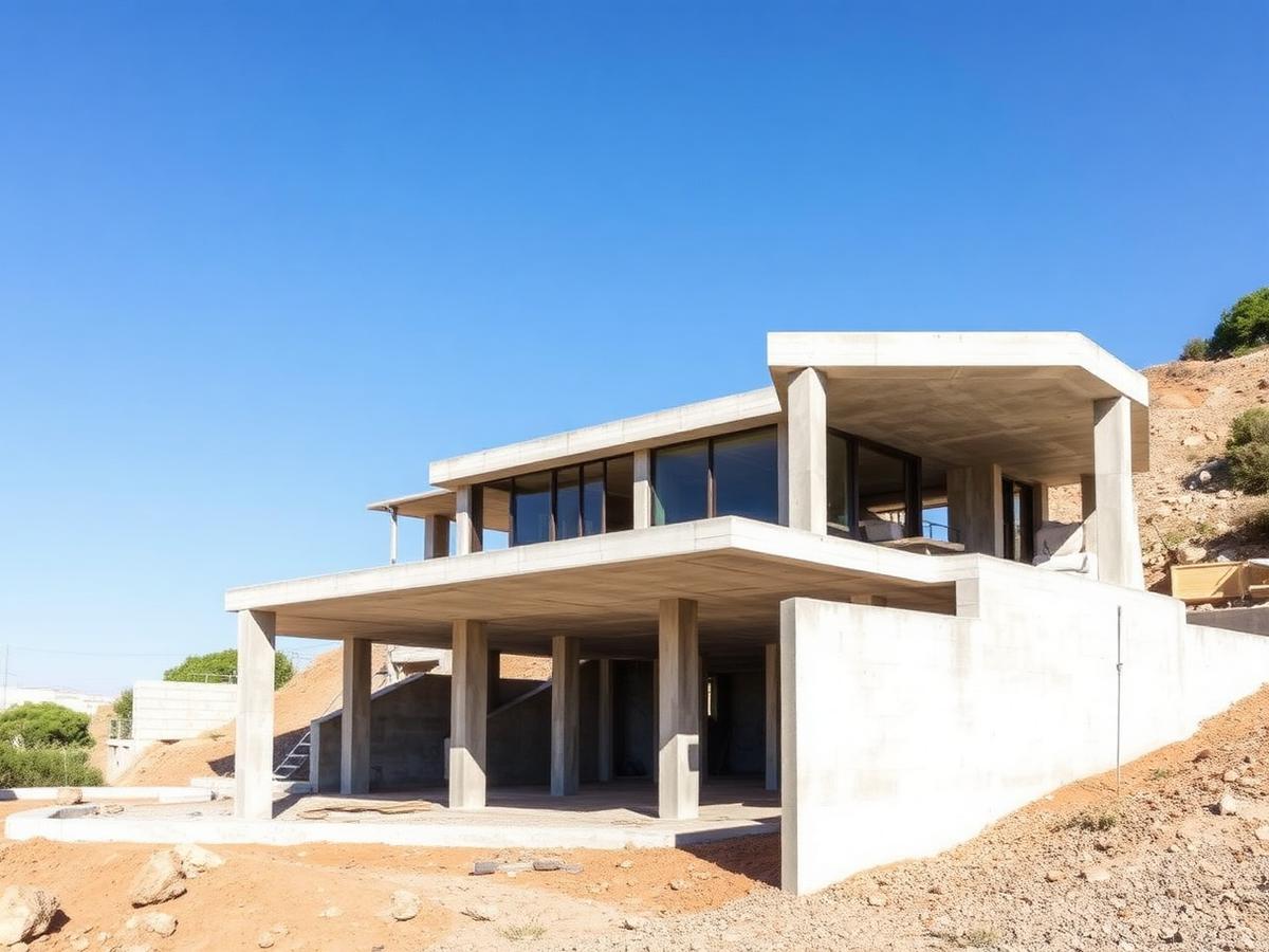 Estructura de hormigón armado de una villa residencial en construcción en Marbella