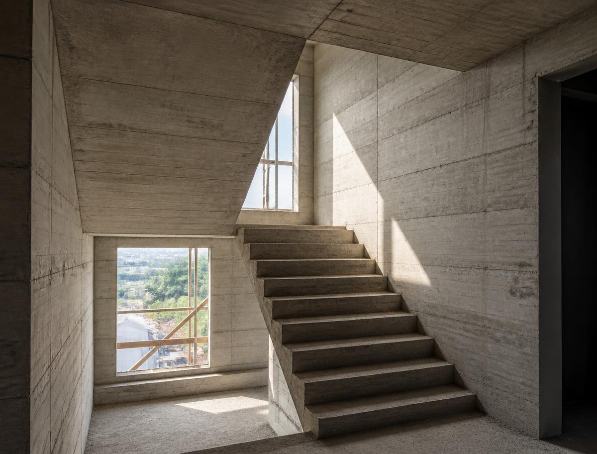 Escalera de hormigón armado visto en el interior de una edificación en obra