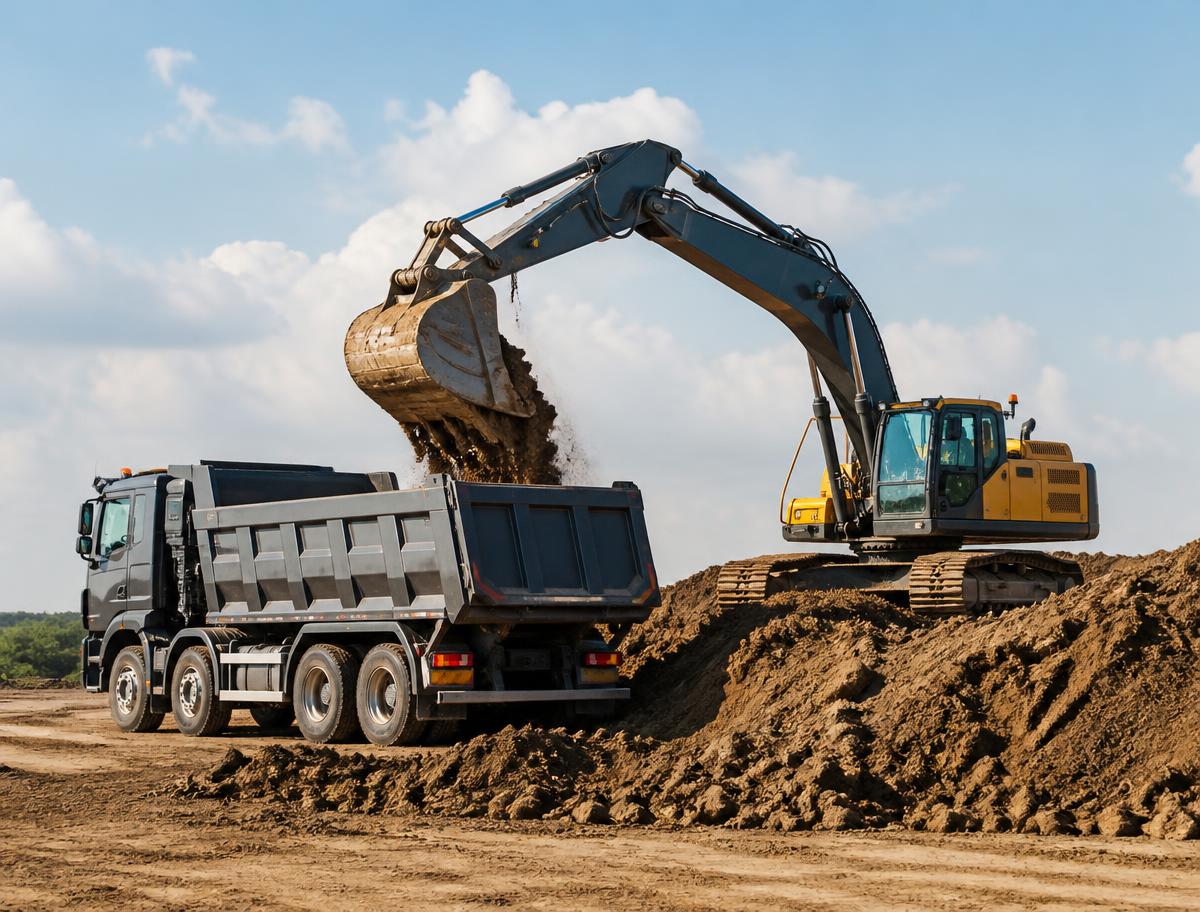 Excavadora cargando tierra en un camión durante los trabajos de movimiento de tierras