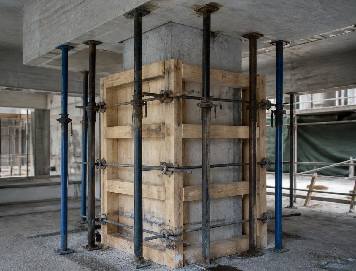 Refuerzo de pilar de hormigón con encofrado de madera y puntales bajo un forjado existente
